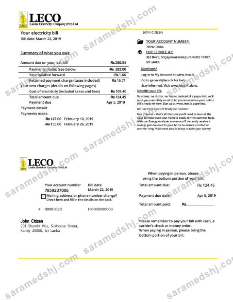 Sri Lanka LECO Company electricity utility bill template in Word and PDF format